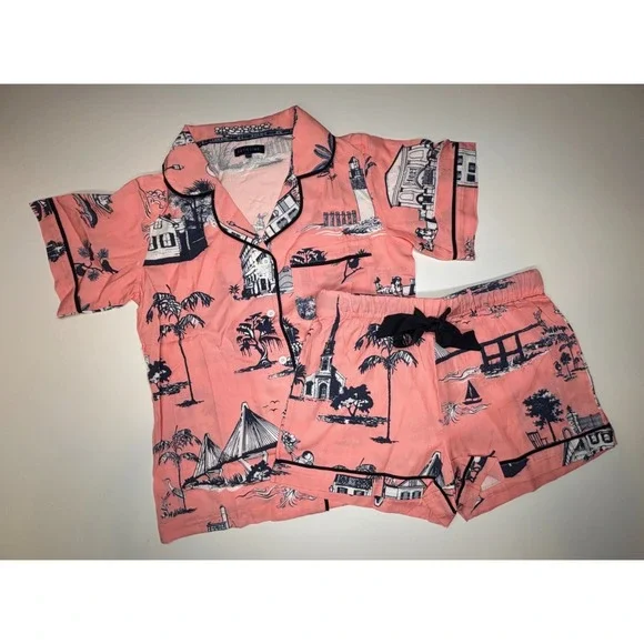 Katie Kime Pajama Set XXS Pink Charleston SC Toile Woven NWOT 2 Piece